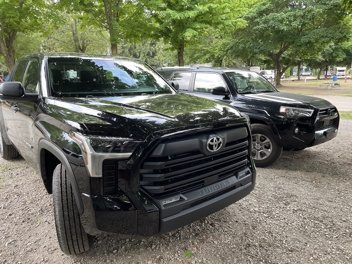 The new black Tundra next to our previous black 4Runner, they look pretty sharp as a pair