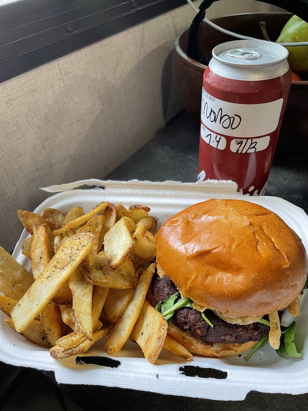 A beet burger and fries with a craft brew from a spot in Michigan