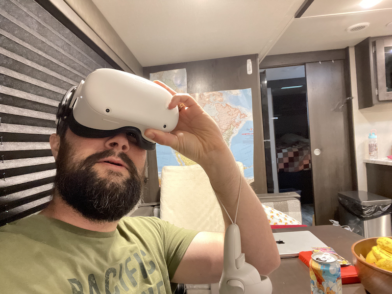 Me taking a selfie with my VR headset on in the camper